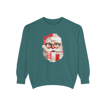 Patchwork Santa Faux Quilt Sweatshirt, Cozy Vintage Christmas Crewneck