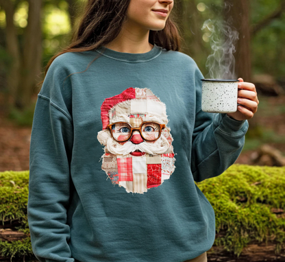 Patchwork Santa Faux Quilt Sweatshirt, Cozy Vintage Christmas Crewneck