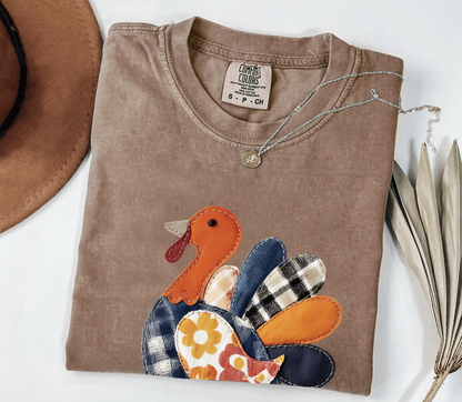 Thanksgiving Faux Patchwork Turkey Shirt, Unisex Fall Tee, Holiday Gift, Cozy Autumn Apparel, Festive Graphic T-shirt, Harvest Wear