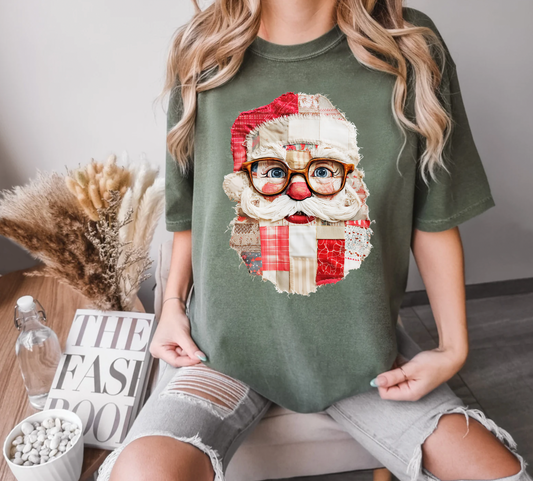 Faux Patchwork Santa T-Shirt, Vintage Christmas Tee, Cozy Holiday Retro Gift for Her or Him, Comfort Colors