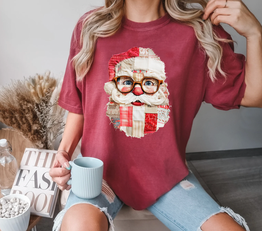 Faux Patchwork Santa T-Shirt, Vintage Christmas Tee, Cozy Holiday Retro Gift for Her or Him, Comfort Colors