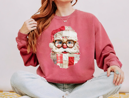 Patchwork Santa Faux Quilt Sweatshirt, Cozy Vintage Christmas Crewneck