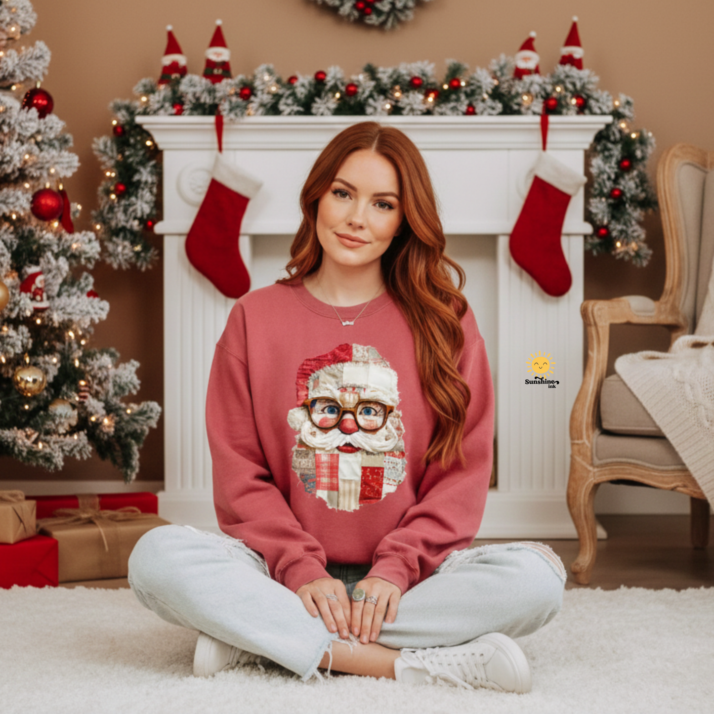 Patchwork Santa Faux Quilt Sweatshirt, Cozy Vintage Christmas Crewneck