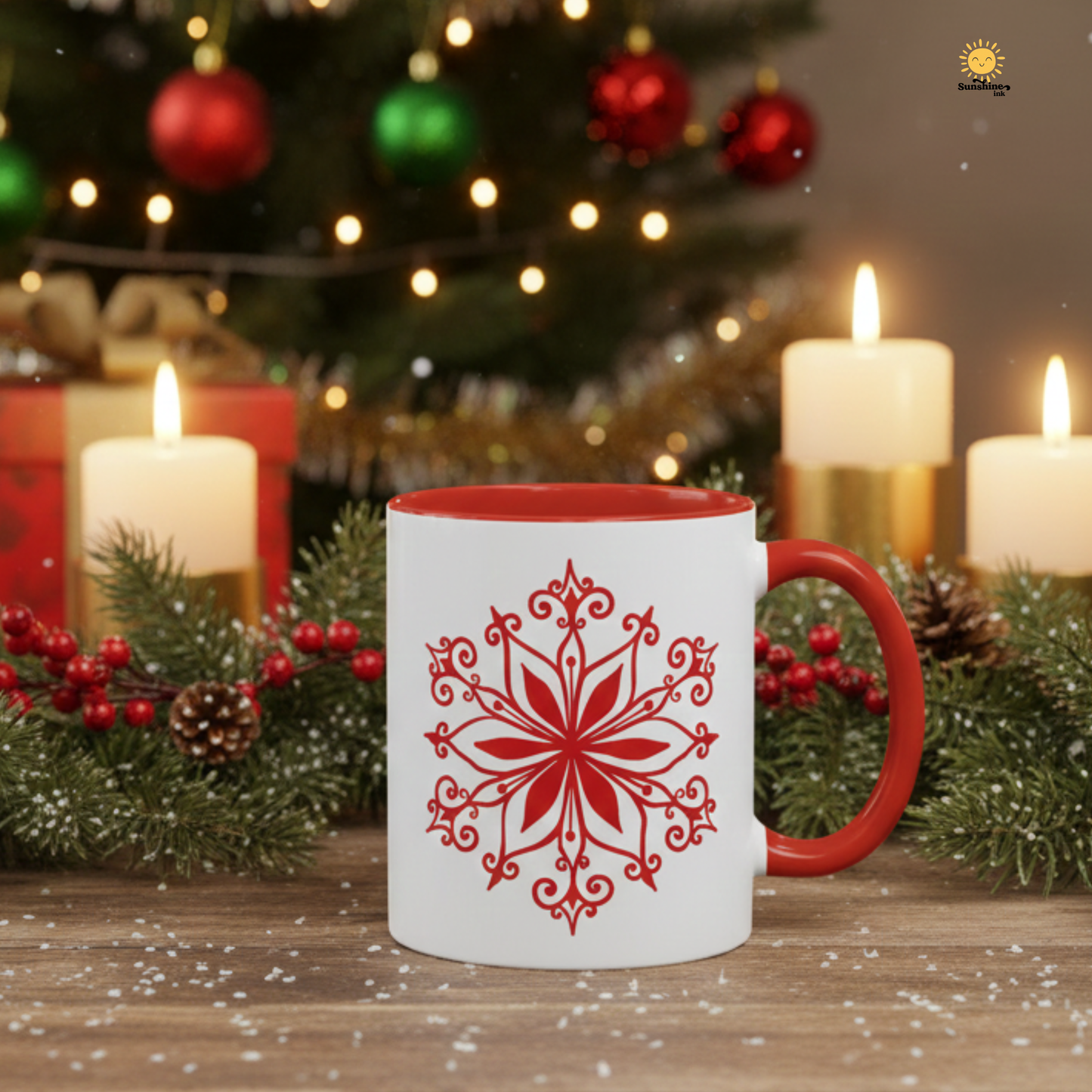 Red Floral Mandala Snowflake Accent Coffee Mug | 11oz 15oz