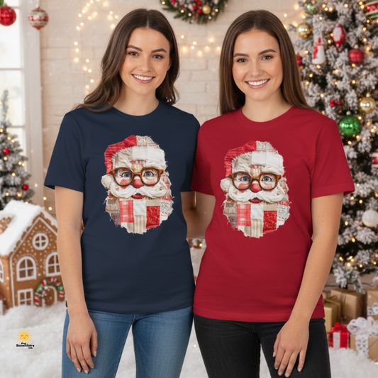 Faux Patchwork Santa T-Shirt, Vintage Christmas Tee, Cozy Holiday Retro Gift for Her or Him, Comfort Colors