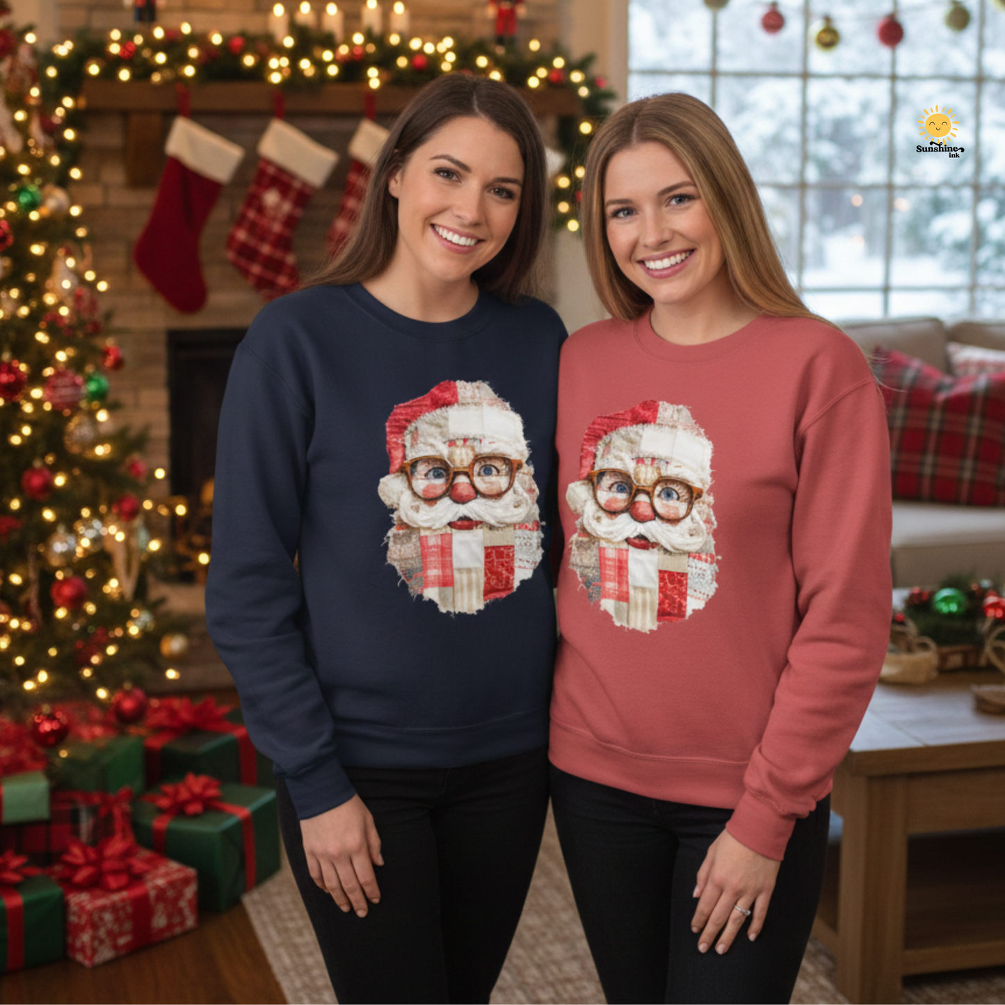 Patchwork Santa Faux Quilt Sweatshirt, Cozy Vintage Christmas Crewneck