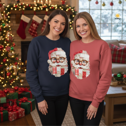Patchwork Santa Faux Quilt Sweatshirt, Cozy Vintage Christmas Crewneck