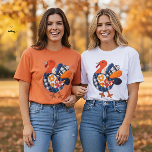 Thanksgiving Faux Patchwork Turkey Shirt, Unisex Fall Tee, Holiday Gift, Cozy Autumn Apparel, Festive Graphic T-shirt, Harvest Wear