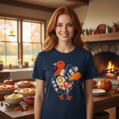 Thanksgiving Faux Patchwork Turkey Shirt, Unisex Fall Tee, Holiday Gift, Cozy Autumn Apparel, Festive Graphic T-shirt, Harvest Wear