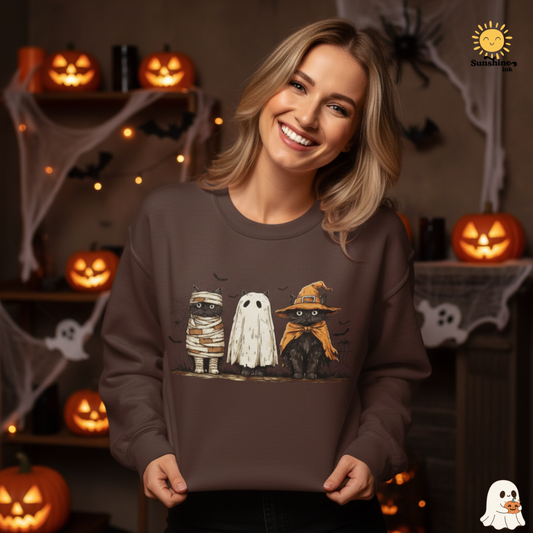 Halloween Black Cat Sweatshirt, Spooky Cute Gildan 1800 Crewneck with 3 Cats in Costumes, Cozy Fall & Halloween Apparel (12 Colors)