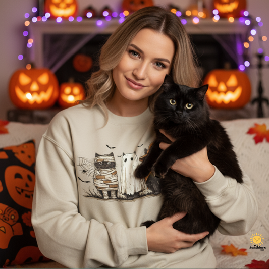 Halloween Black Cat Sweatshirt, Spooky Cute Gildan 1800 Crewneck with 3 Cats in Costumes, Cozy Fall & Halloween Apparel (12 Colors)