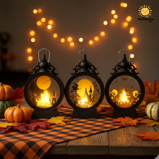 Halloween Retro Candle Portable Storm Lantern – Pumpkin, Castle & Witch Design, Haunted Decor Light