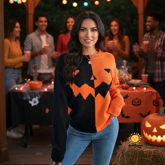 Women’s Halloween Ghost Sweater – Contrast-Color Knitted Pullover, Long Sleeve Cozy Fall Top