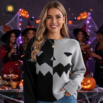 Women’s Halloween Ghost Sweater – Contrast-Color Knitted Pullover, Long Sleeve Cozy Fall Top