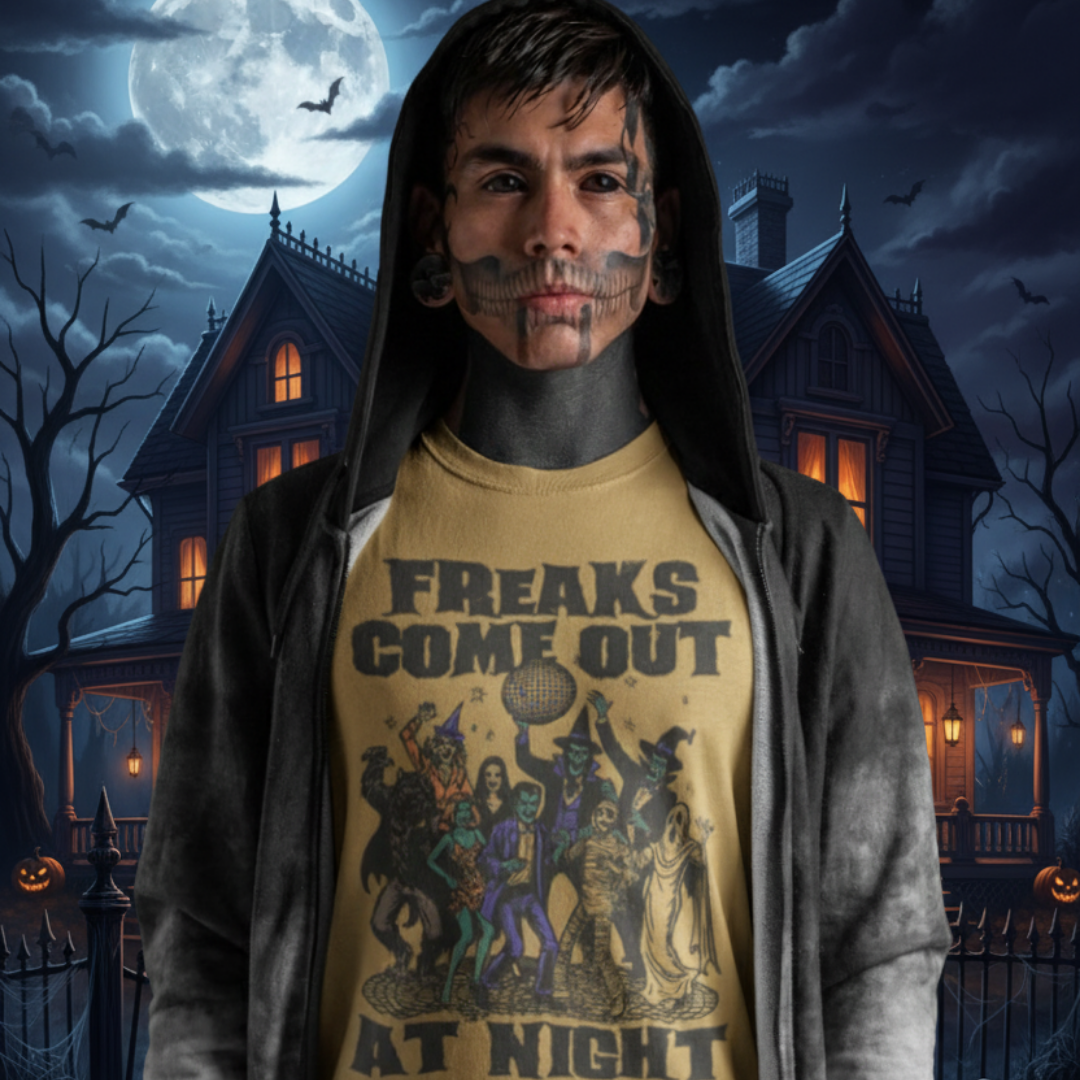 Freaks Come Out at Night Halloween T-Shirt – Retro Comfort Colors 1717 Spooky Party Tee