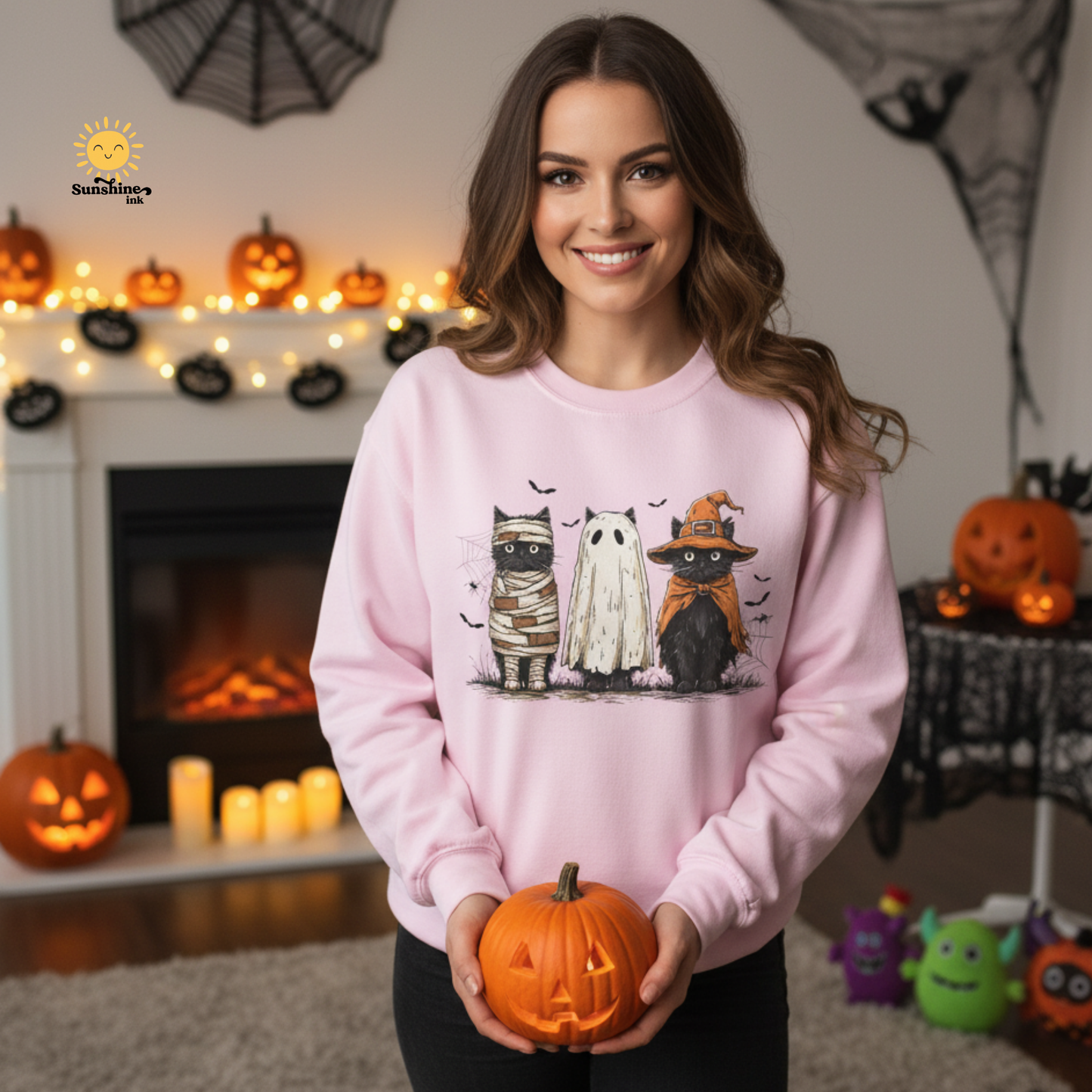 Halloween Black Cat Sweatshirt, Spooky Cute Gildan 1800 Crewneck with 3 Cats in Costumes, Cozy Fall & Halloween Apparel (12 Colors)