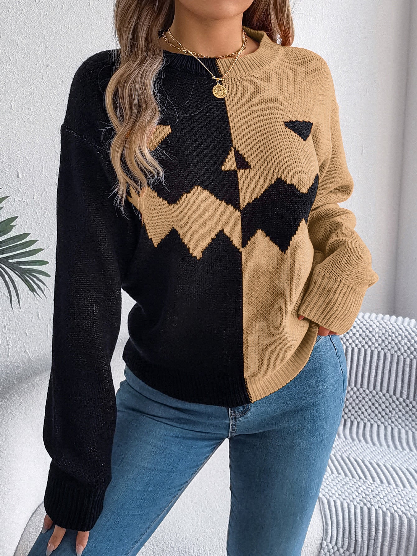 Women’s Halloween Ghost Sweater – Contrast-Color Knitted Pullover, Long Sleeve Cozy Fall Top