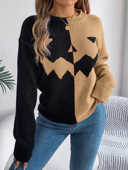 Women’s Halloween Ghost Sweater – Contrast-Color Knitted Pullover, Long Sleeve Cozy Fall Top