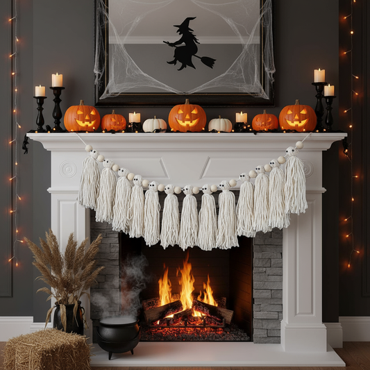 Whimsical Ghost Garland – Handmade Yarn Halloween Mantle Decoration