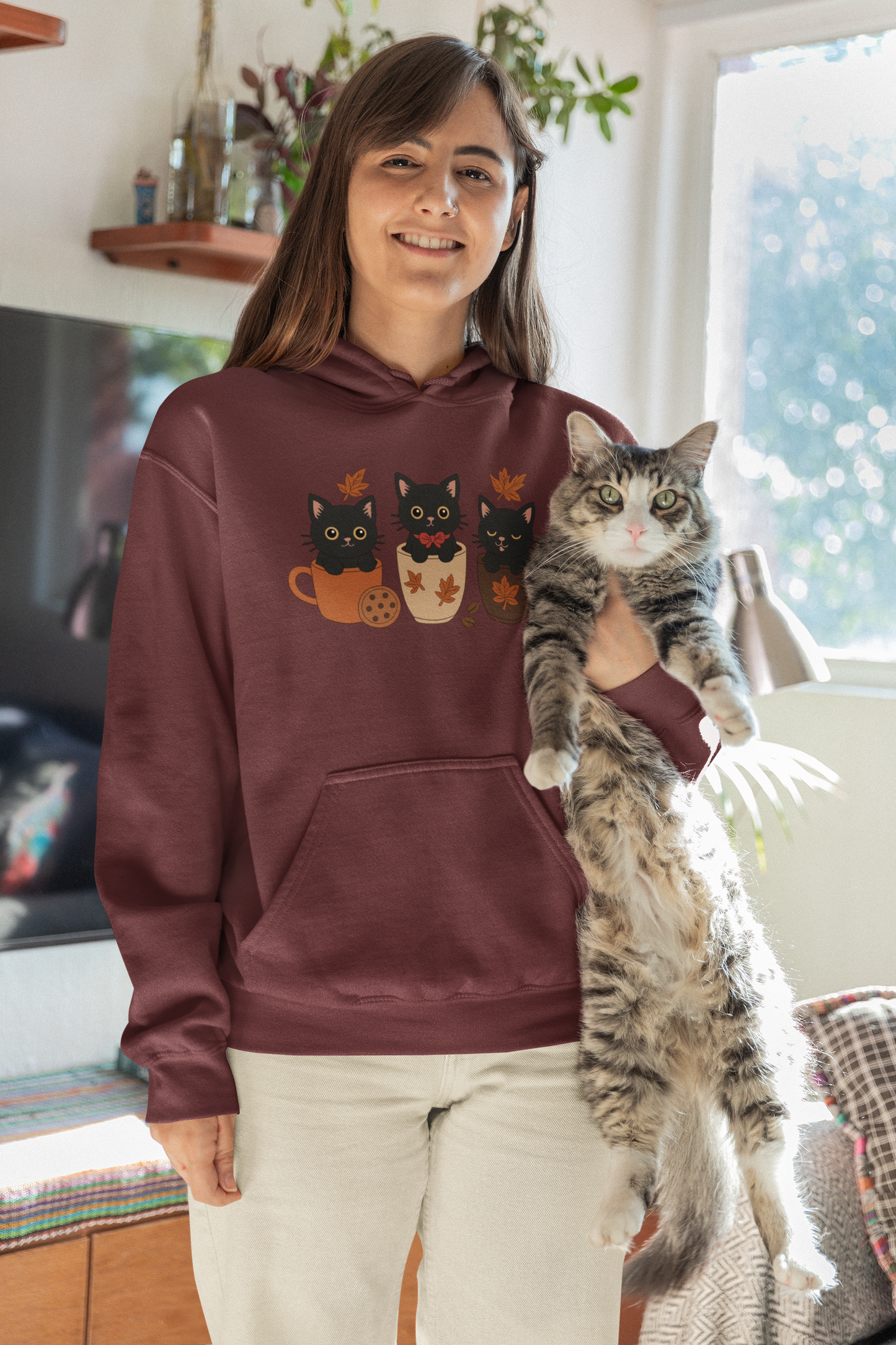 Cozy Cat-Themed Fleece Hoodie for Fall, Perfect for Cat Lovers, Halloween and Cozy Season, Cute Hoodie, Gift Idea, Autumn Vibe