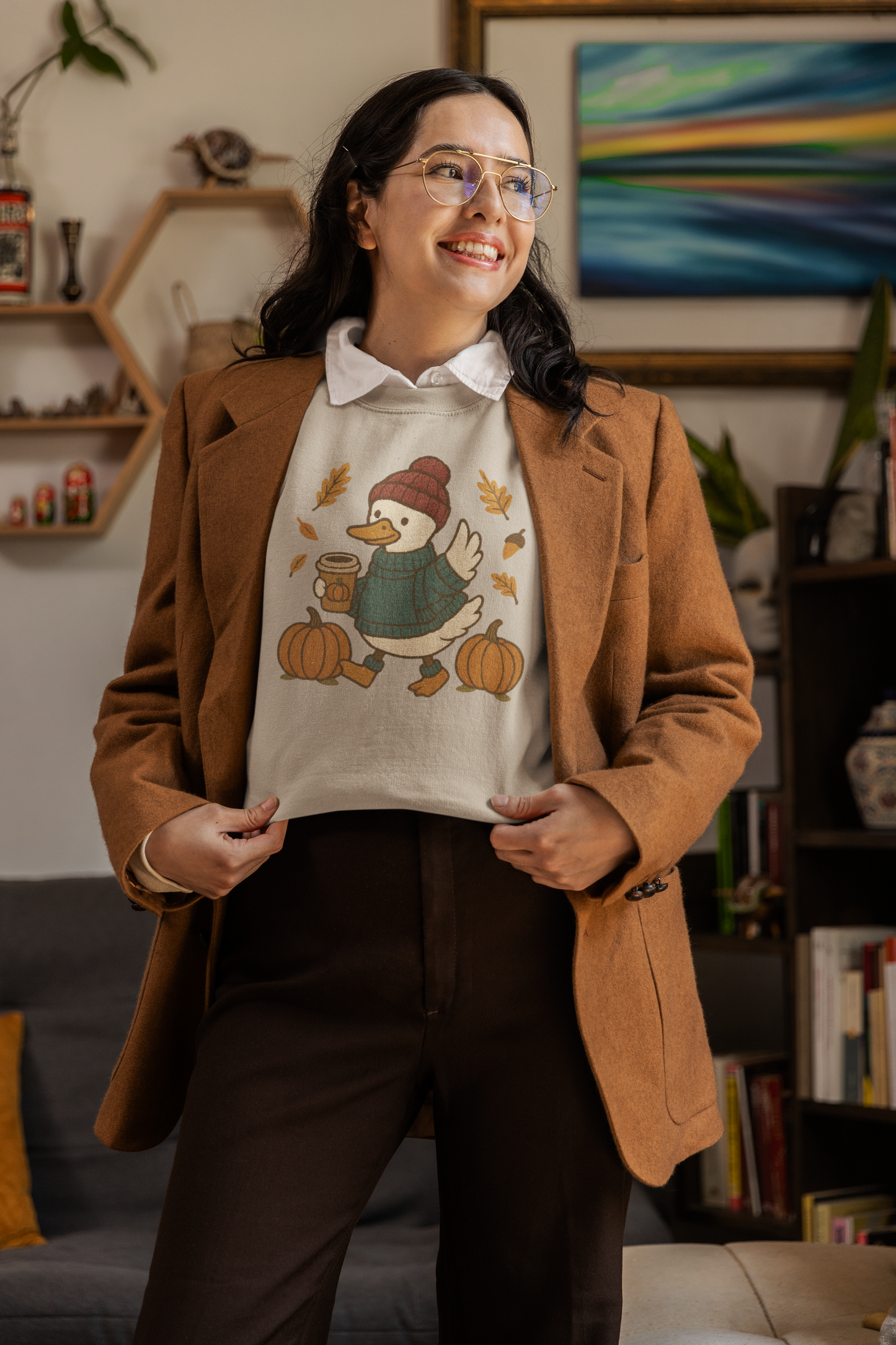 Cozy Autumn Goose Sweatshirt, Pumpkin, Fall Fashion, Unisex Crewneck, Halloween Gift, Seasonal Wear, Nature Lover's Apparel