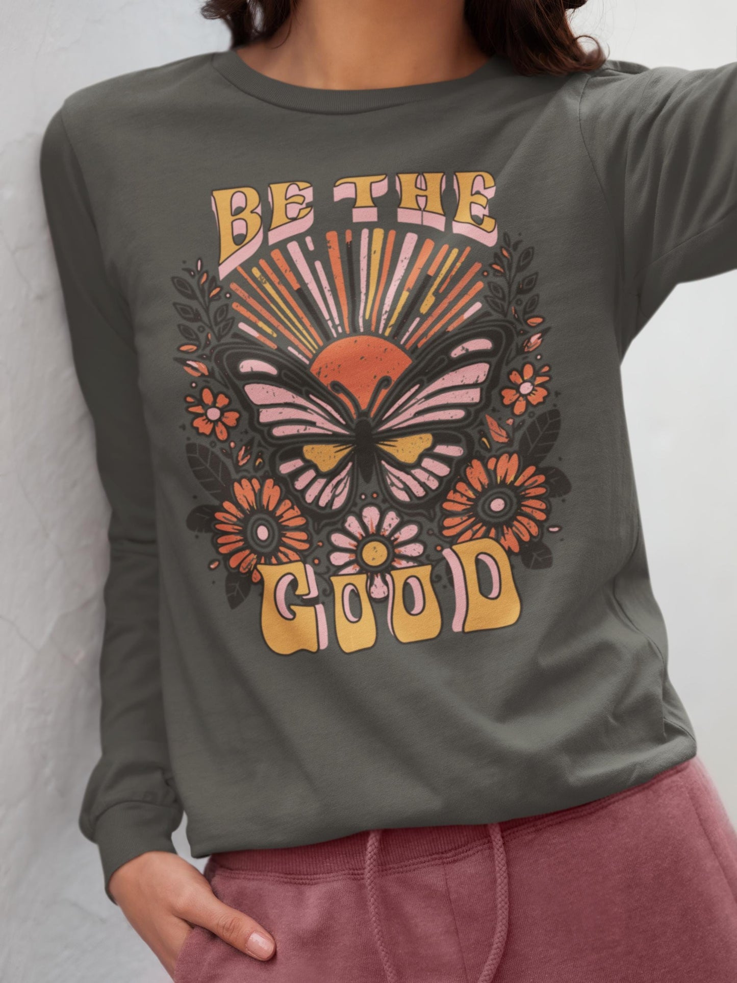 Be the Good Retro Long Sleeve T-Shirt, Vintage Graphic Tee, Inspiring Shirt, Boho Gift for Her or Him