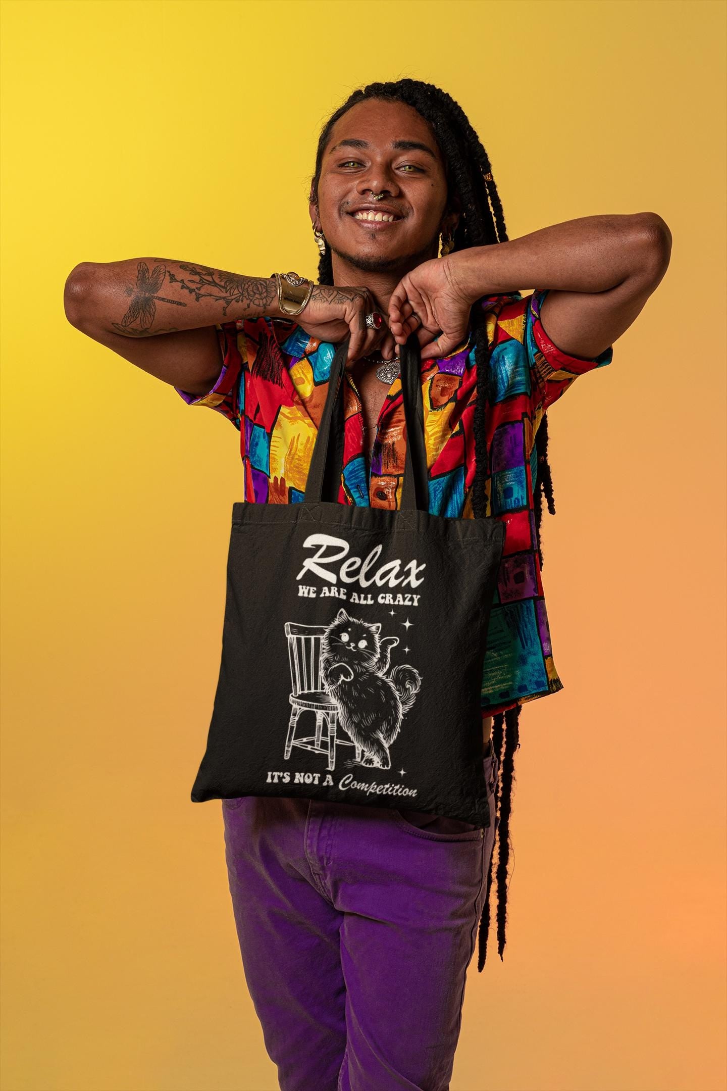 Funny Tote Bag, Relax We Are All Crazy, Gift for Cat Owner, Not a Competition, Reusable Shopping Bag, Canvas Tote