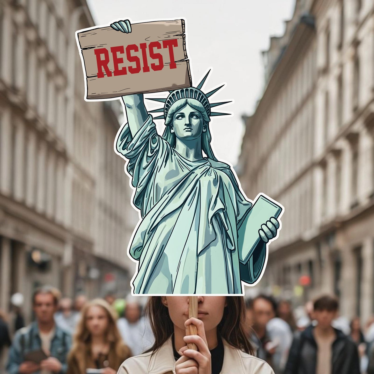 Statue Of Liberty Resist Fascism, Big Face on a Stick.  - 4 sizes