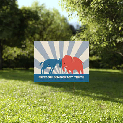 Freedom Democracy Truth Yard Sign, Anti-Trump Political Protest Sign, Donkey vs Elephant Lawn Art, Corrugated Plastic Pro-Truth Yard Sign