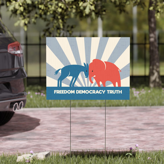 Freedom Democracy Truth Yard Sign, Anti-Trump Political Protest Sign, Donkey vs Elephant Lawn Art, Corrugated Plastic Pro-Truth Yard Sign