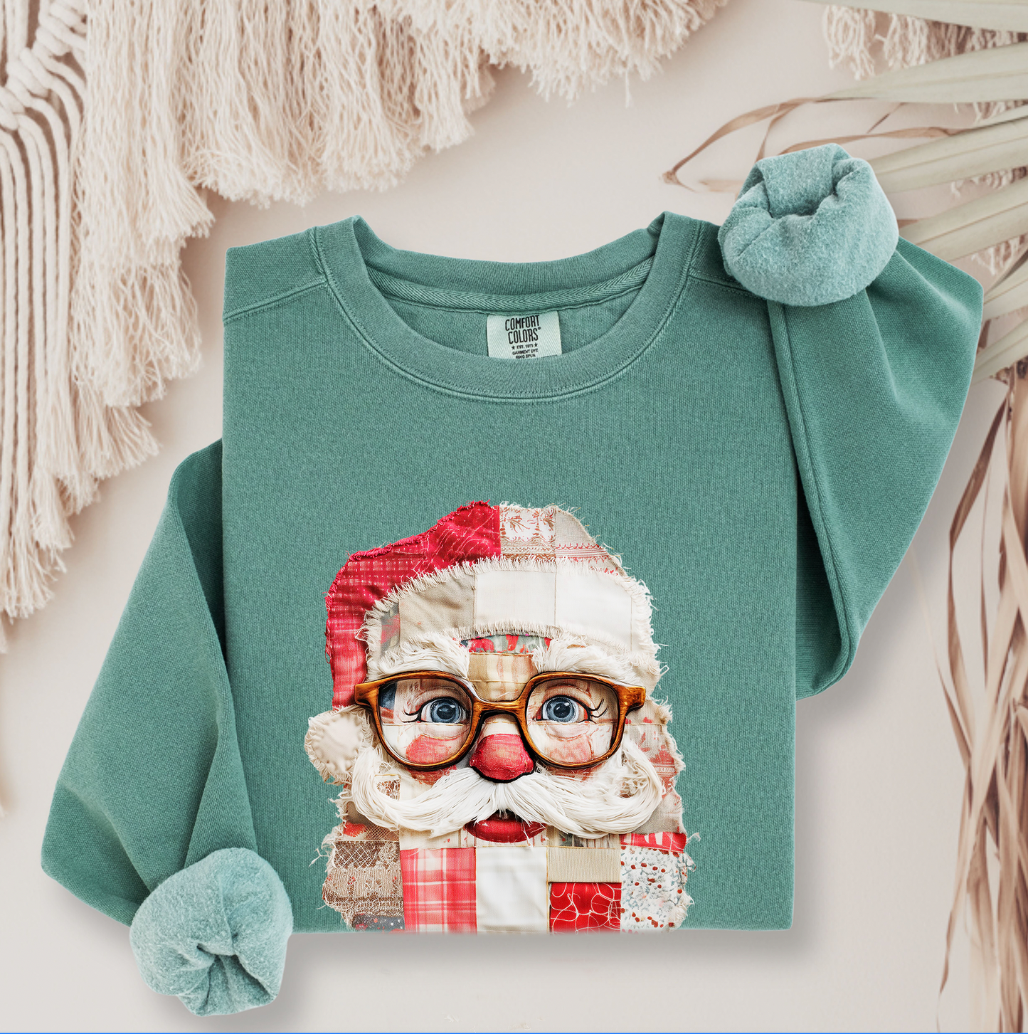 Patchwork Santa Faux Quilt Sweatshirt, Cozy Vintage Christmas Crewneck