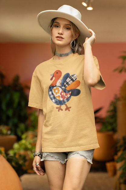 Thanksgiving Faux Patchwork Turkey Shirt, Unisex Fall Tee, Holiday Gift, Cozy Autumn Apparel, Festive Graphic T-shirt, Harvest Wear