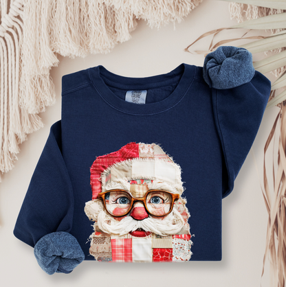 Patchwork Santa Faux Quilt Sweatshirt, Cozy Vintage Christmas Crewneck
