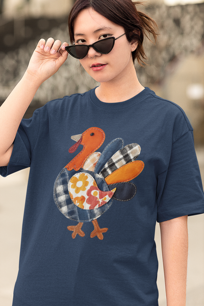Thanksgiving Faux Patchwork Turkey Shirt, Unisex Fall Tee, Holiday Gift, Cozy Autumn Apparel, Festive Graphic T-shirt, Harvest Wear