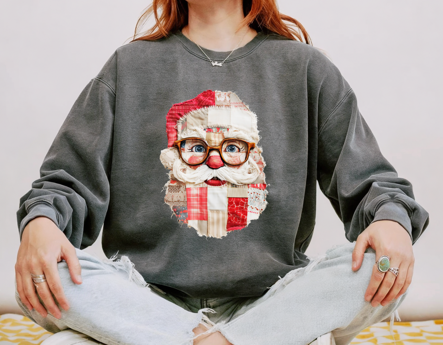 Patchwork Santa Faux Quilt Sweatshirt, Cozy Vintage Christmas Crewneck