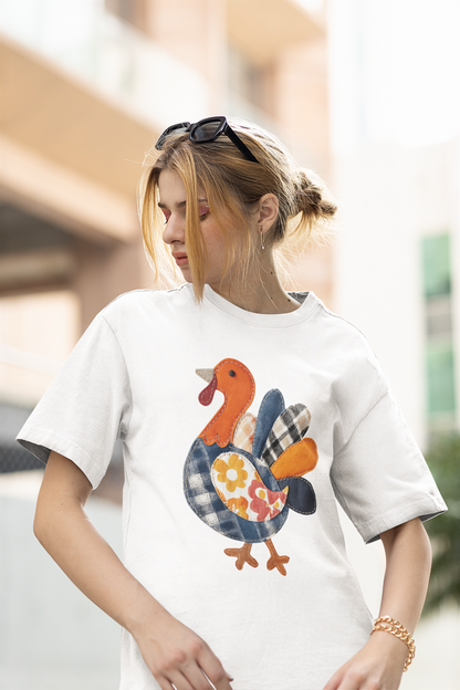 Thanksgiving Faux Patchwork Turkey Shirt, Unisex Fall Tee, Holiday Gift, Cozy Autumn Apparel, Festive Graphic T-shirt, Harvest Wear